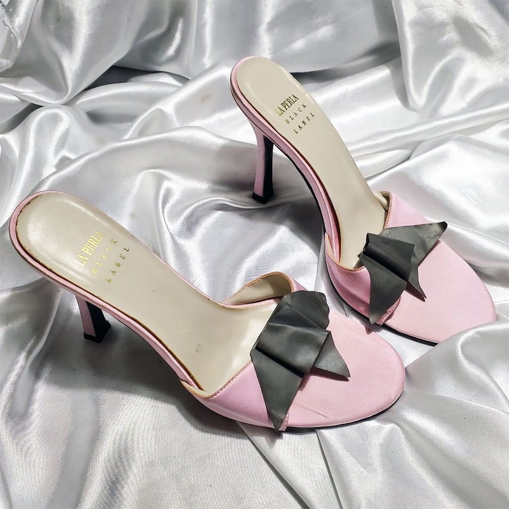LA PERLA pink satin high heel slides with off black bows SZ 37